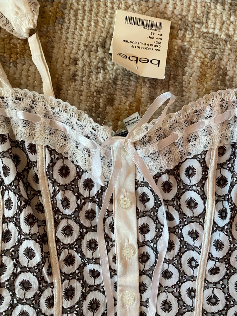 bebe White and Black Lace-Trim Corset-Style Camisole - Picture 2 of 3